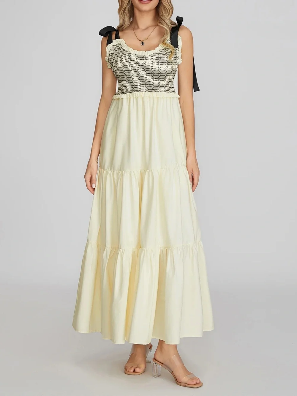 Cream Smocked Bodice Maxi with Black Tie Straps